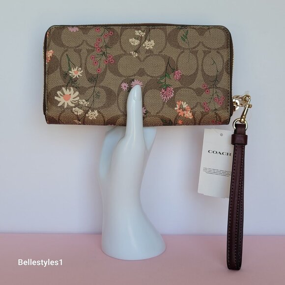 COACH Signature Canvas With Wildflower Print Zip-Around Wallet/Wristlet-Khaki M - Picture 5 of 16